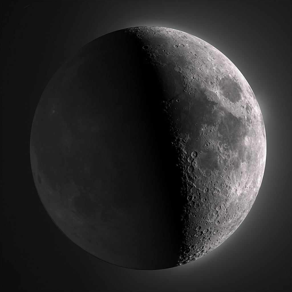 A grayscale close-up of the moon showing a half lit and half shadowed side against a dark background.