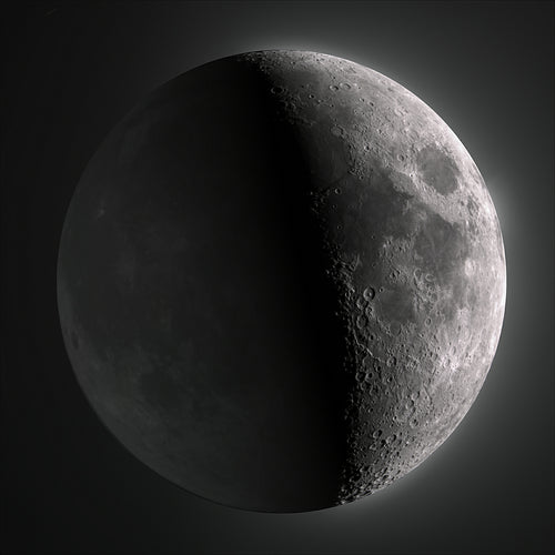 A grayscale close-up of the moon showing a half lit and half shadowed side against a dark background.
