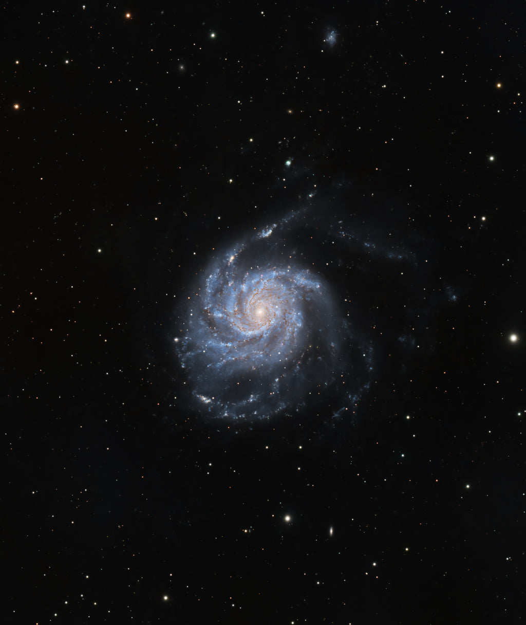 A deep-space astrophotography image of a spiral galaxy, showing a bright blue and white galactic core surrounded by dark blue and white spiral arms, set against a black starry sky.